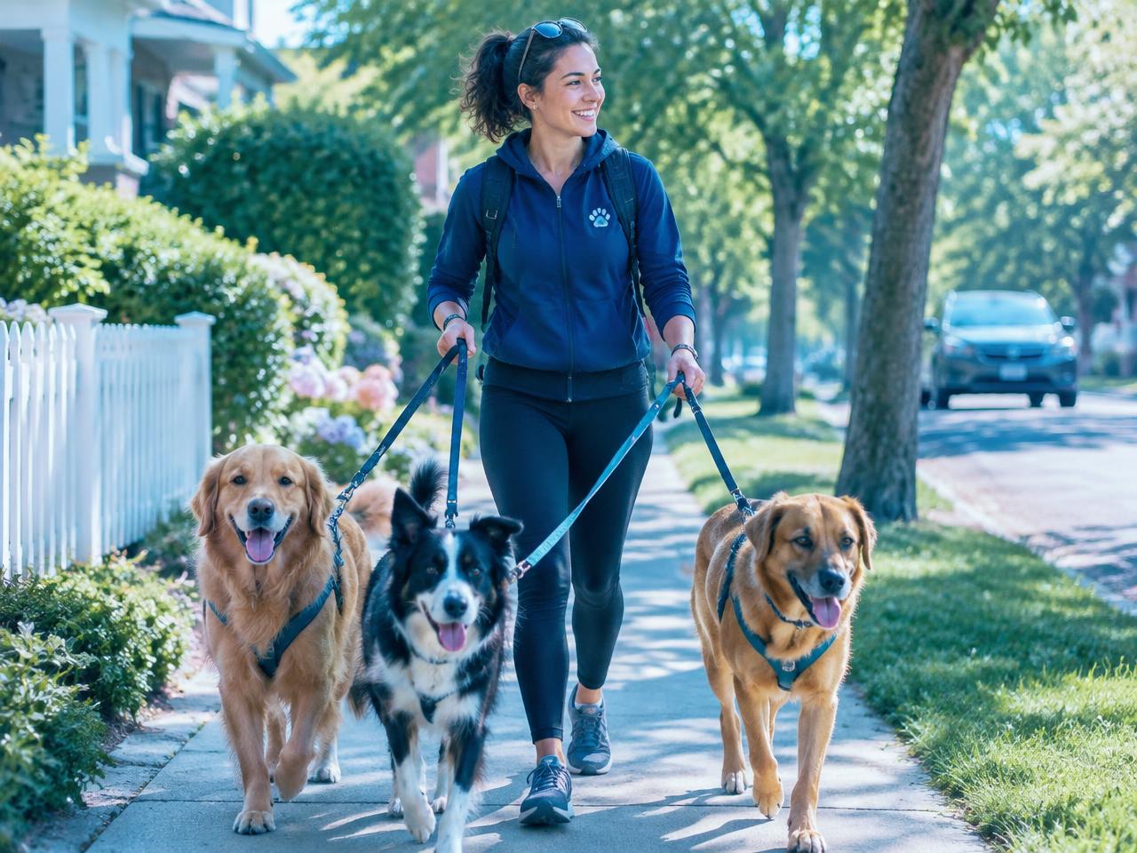 Dog walker with three dogs on a sunny sidewalk